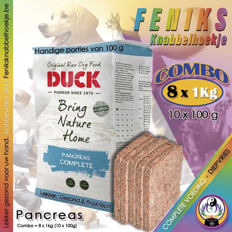 Combo-8kg-Complete-Duck-Pancreas-Vers-vlees-voor-honden-8x1-kg-(10-x-100-g)-diepvries-compleet-gezond-betaalbaar