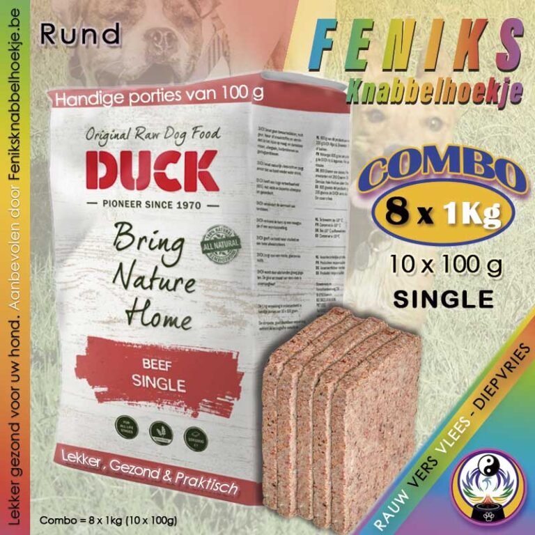 Combo-8kg-Single-Duck-Rund-Vers-vlees-voor-honden-8x1-kg-(10-x-100-g)-diepvries-compleet-gezond-betaalbaar