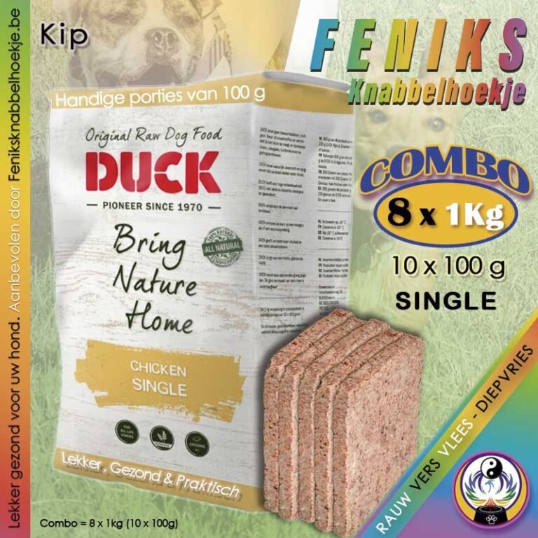 Combo-8kg-Single-Duck-Kip-Vers-vlees-voor-honden-8x1-kg-(10-x-100-g)-diepvries-compleet-gezond-betaalbaar